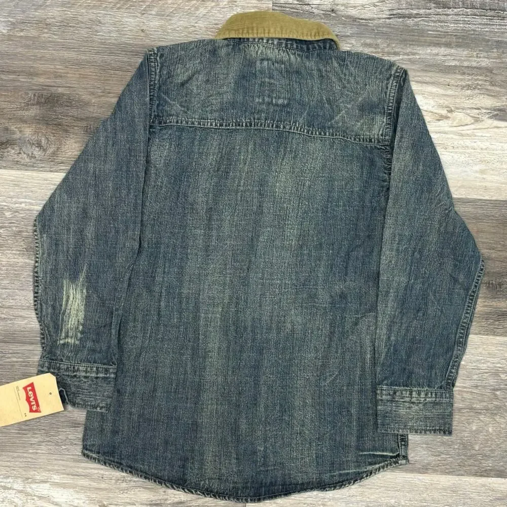 NWT Levis Corduroy Collar‎ Dark Wash Blue Boys S Button Up Denim Shirt Red Tab